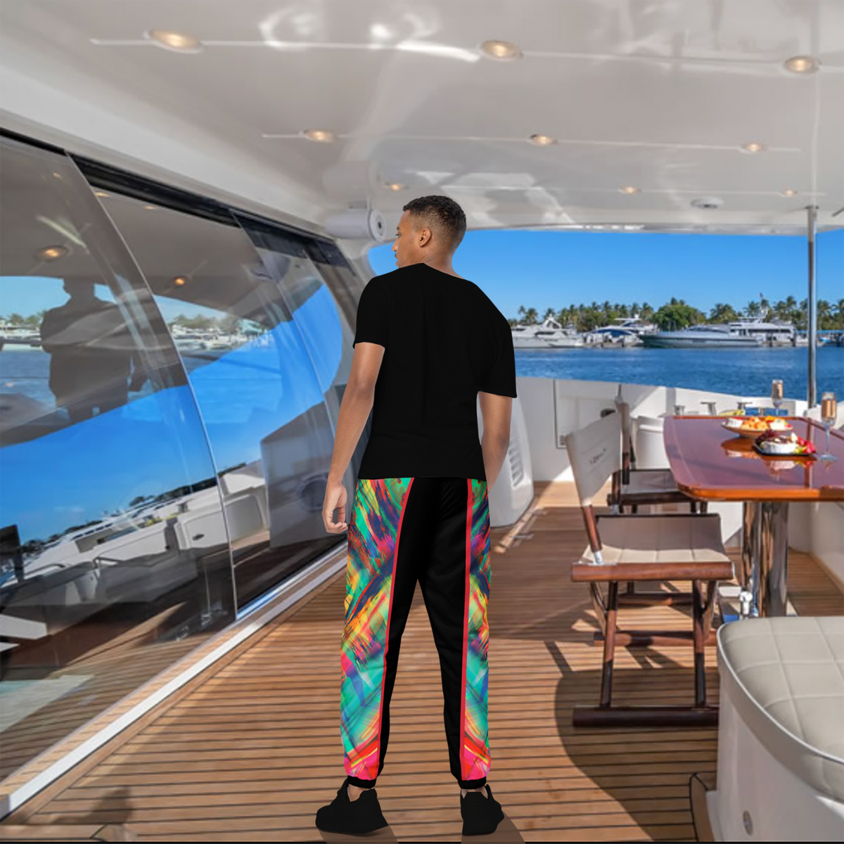 BeautDoozy 'Antares' Relax Joggers Paint lack - Back view on male model on yacht