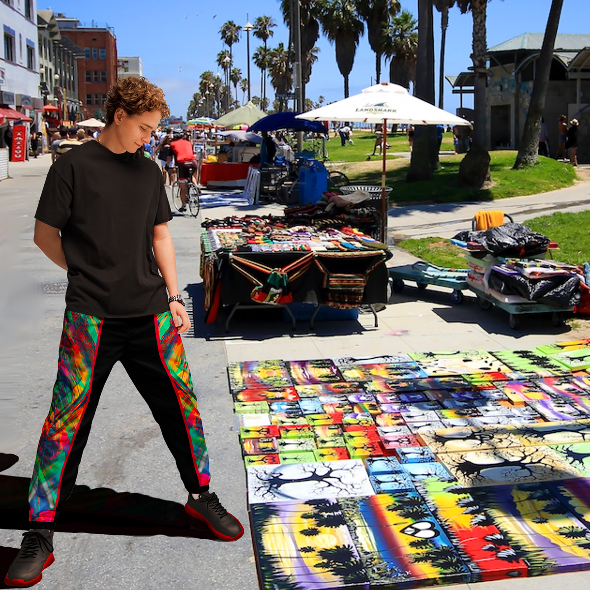 BeautDoozy 'Antares' Relax Joggers Paint lack - Right view on male model at Venice Beach, California