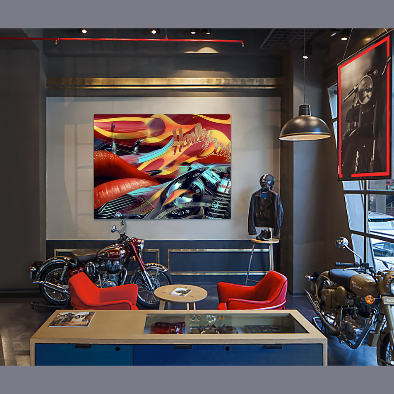 BeautDoozy Art Giclée 'Am On Fire' from The Erotic Series, by Gabrielle Loesch - Bike shop setting.